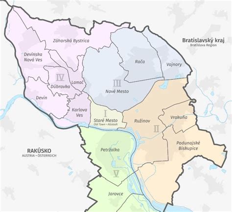 Mapa Bratislavy s vyznačenými mestskými časťami Vrakuňa a Podunajské Biskupice