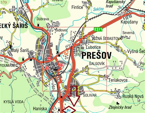 Mapa Prešova s vyznačenými zastávkami MHD