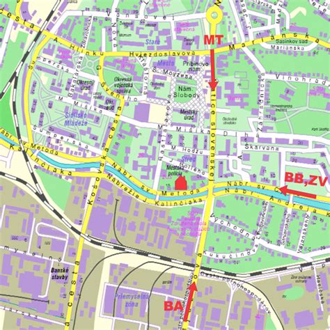 Mapa Prievidze s vyznačenými kľúčovými ulicami