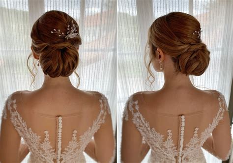 Žena s elegantným nízkym drdolom, zdobeným kvetmi