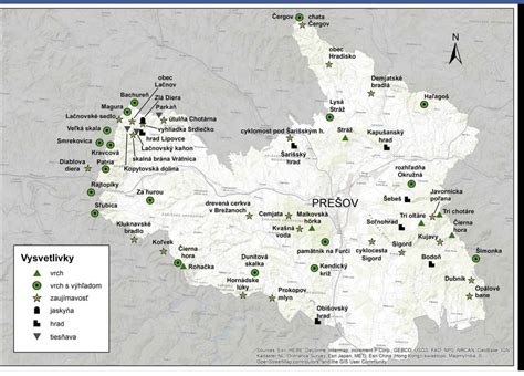 mapa regiónu Prešovský kraj so zvýraznenými lokalitami služieb