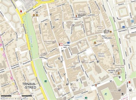 Mapa centra Trnavy s vyznačenými obchodnými pasážami a bankomatmi