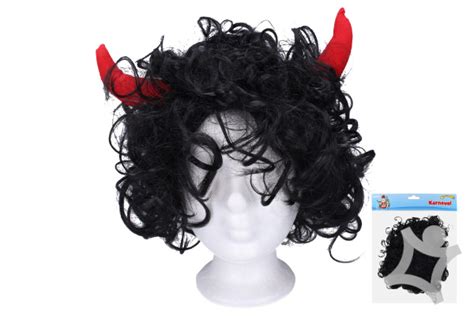 Detailná čierna parochňa s červenými diabolskými rohmi