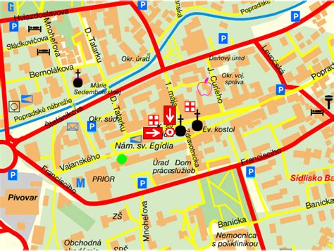Mapa Popradu so zvýraznením centra mesta a Námestia sv. Egídia