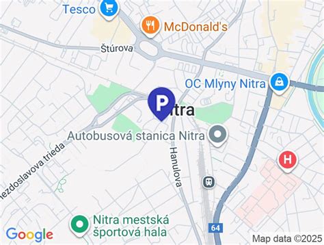 Mapa okolia salónu Beauty Bar v Nitre s vyznačeným parkovaním