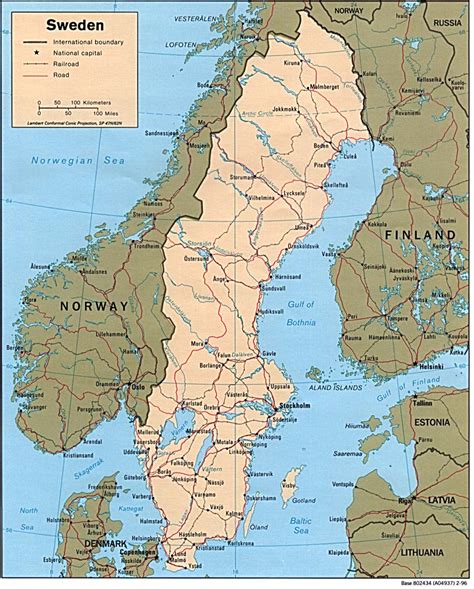 Mapa Švédska s vyznačenými mestami Štokholm a Göteborg.
