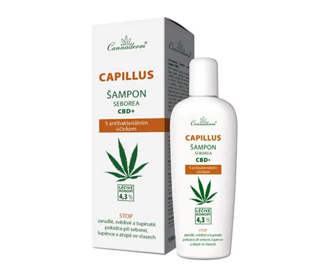 Fliaška Cannaderm Capillus šampónu s konopným listom v pozadí