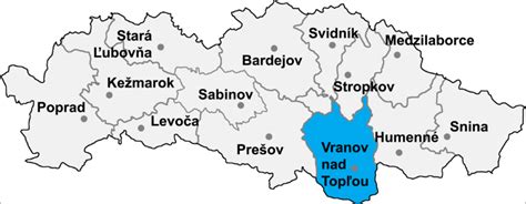 Mapa okresu Vranov nad Topľou s vyznačením obce Dlhé Kĺčovo